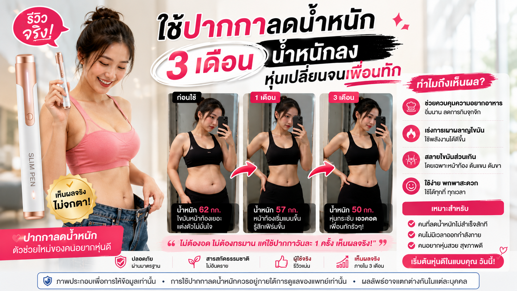 รีวิวจริงใช้ปากกาลดน้ำหนัก 3 เดือน น้ำหนักลง หุ่นเปลี่ยนจนเพื่อนทัก