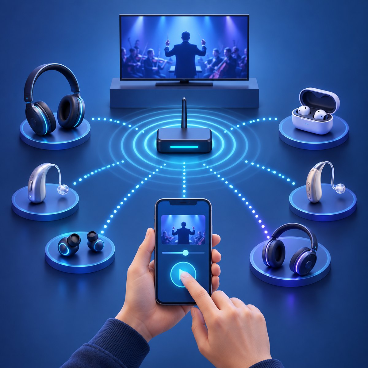 โครงสร้าง Auracast ที่มีเครื่องส่ง อุปกรณ์ผู้ช่วย และอุปกรณ์รับหลายประเภท